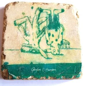 Art tile Gaylen C. Hansen headstand dogs green trivet cork backed